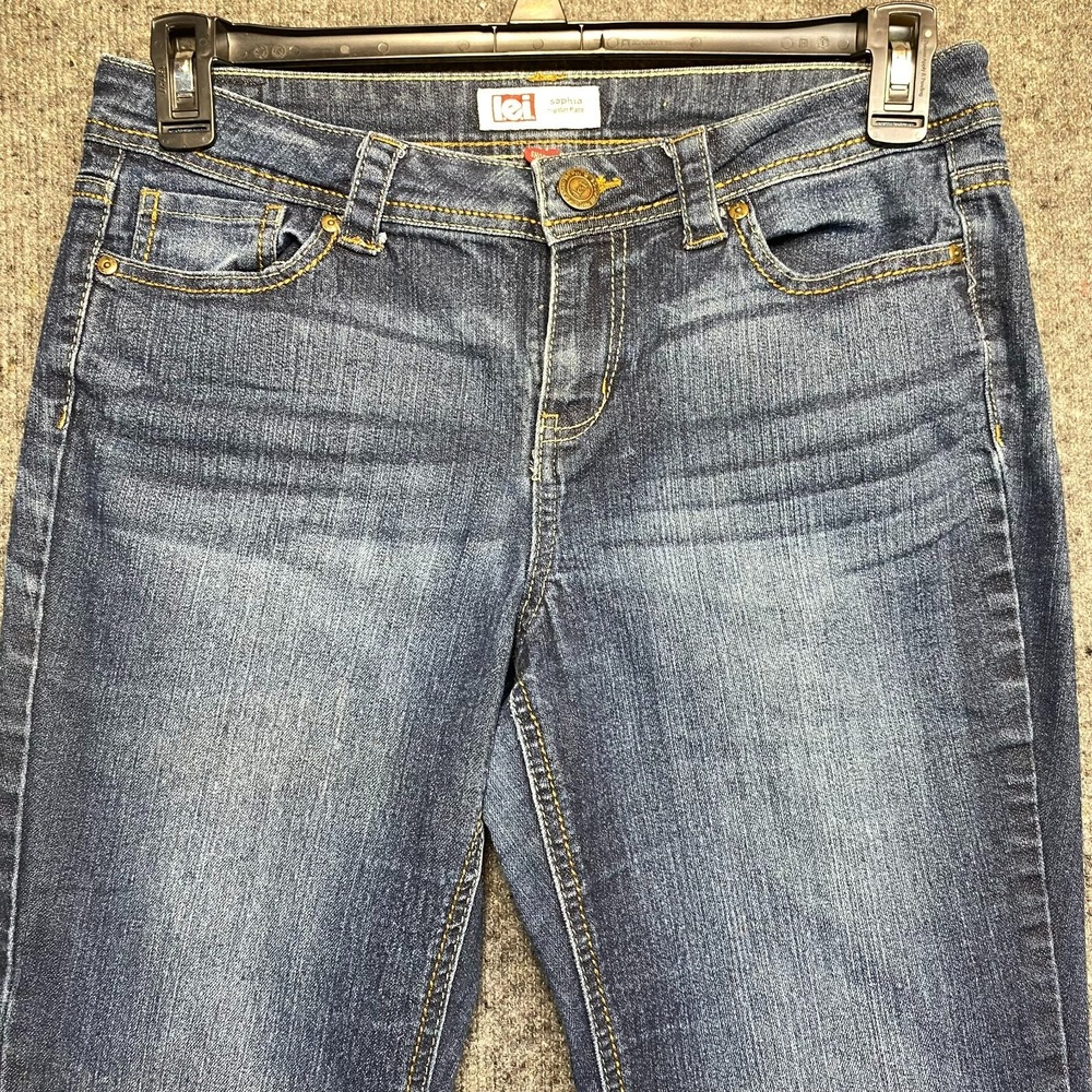 LEI Sophia Hipster Flare Jeans Womens 11 Short Blue Denim Stretch Dark Wash
